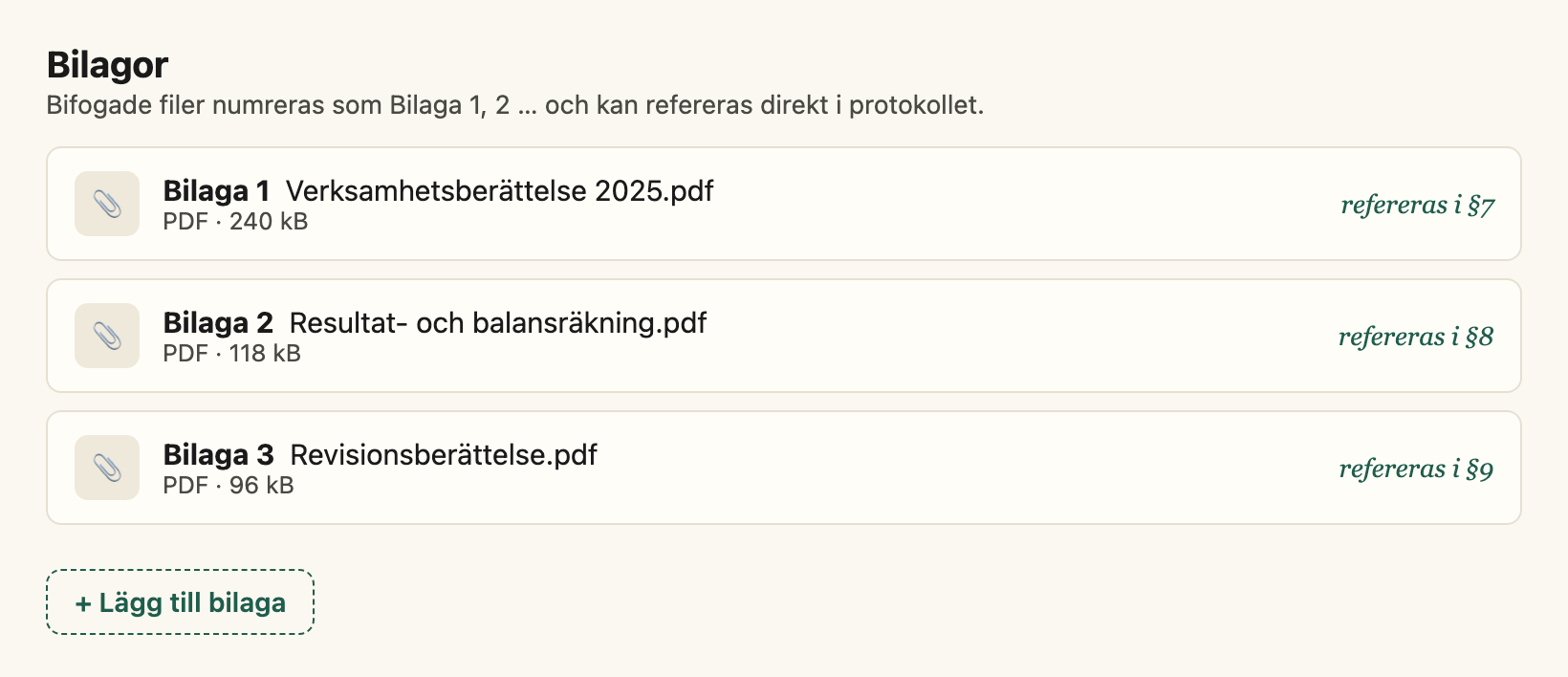 En namngiven bilaga knuten till protokollet, refererad direkt i texten.