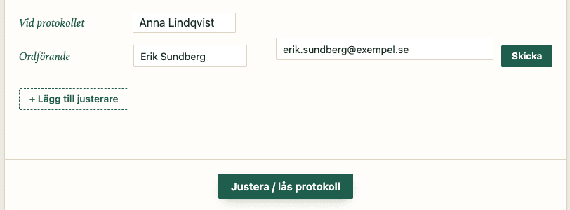 Justerings-vyn där protokollet skickas till justeraren för digital signering.