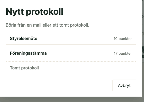 Mall-väljaren med färdiga dagordningar för årsmöte, styrelsemöte med mera.